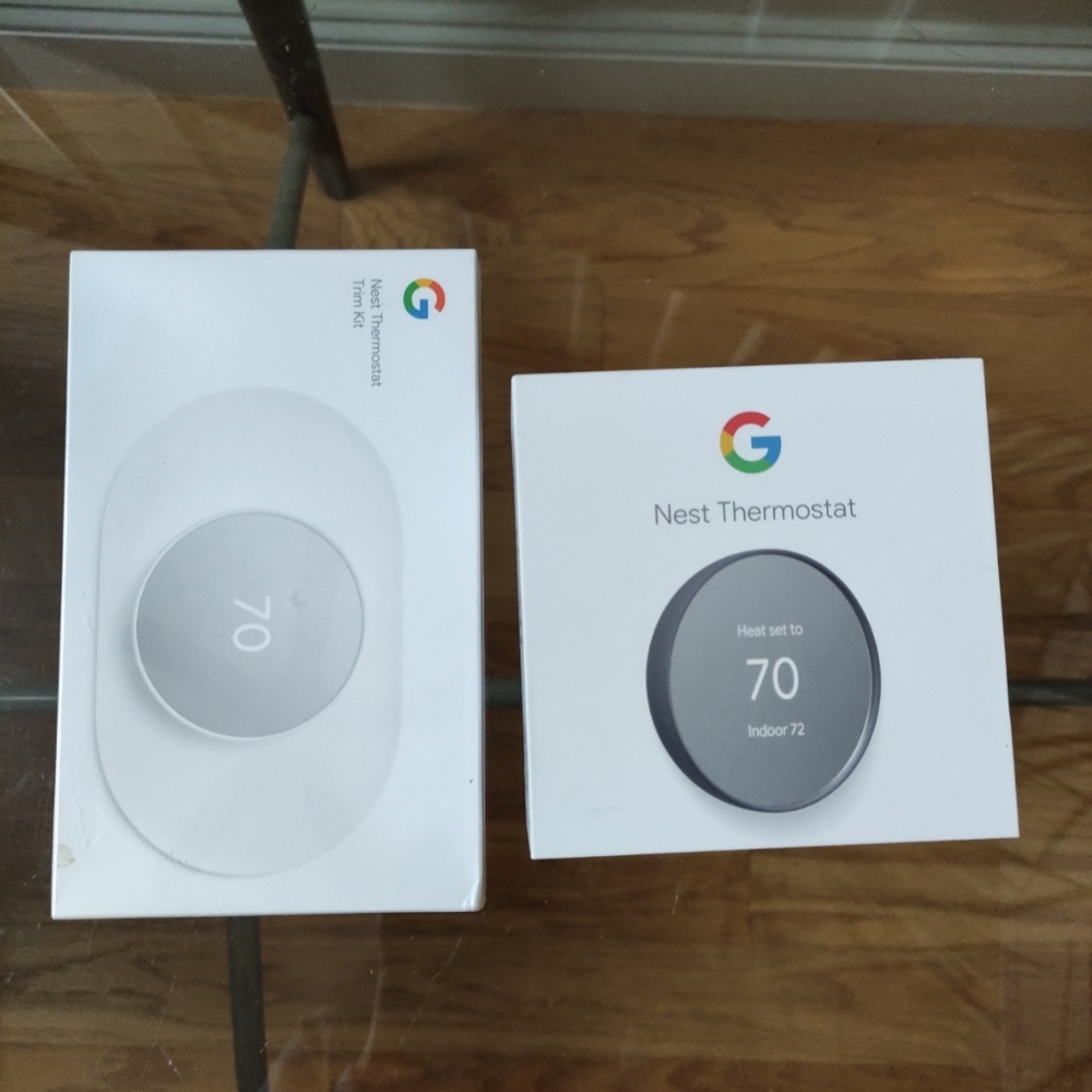 New Open Box Google G4CVZ Nest Thermostat Black and New Sealed Trim Kit